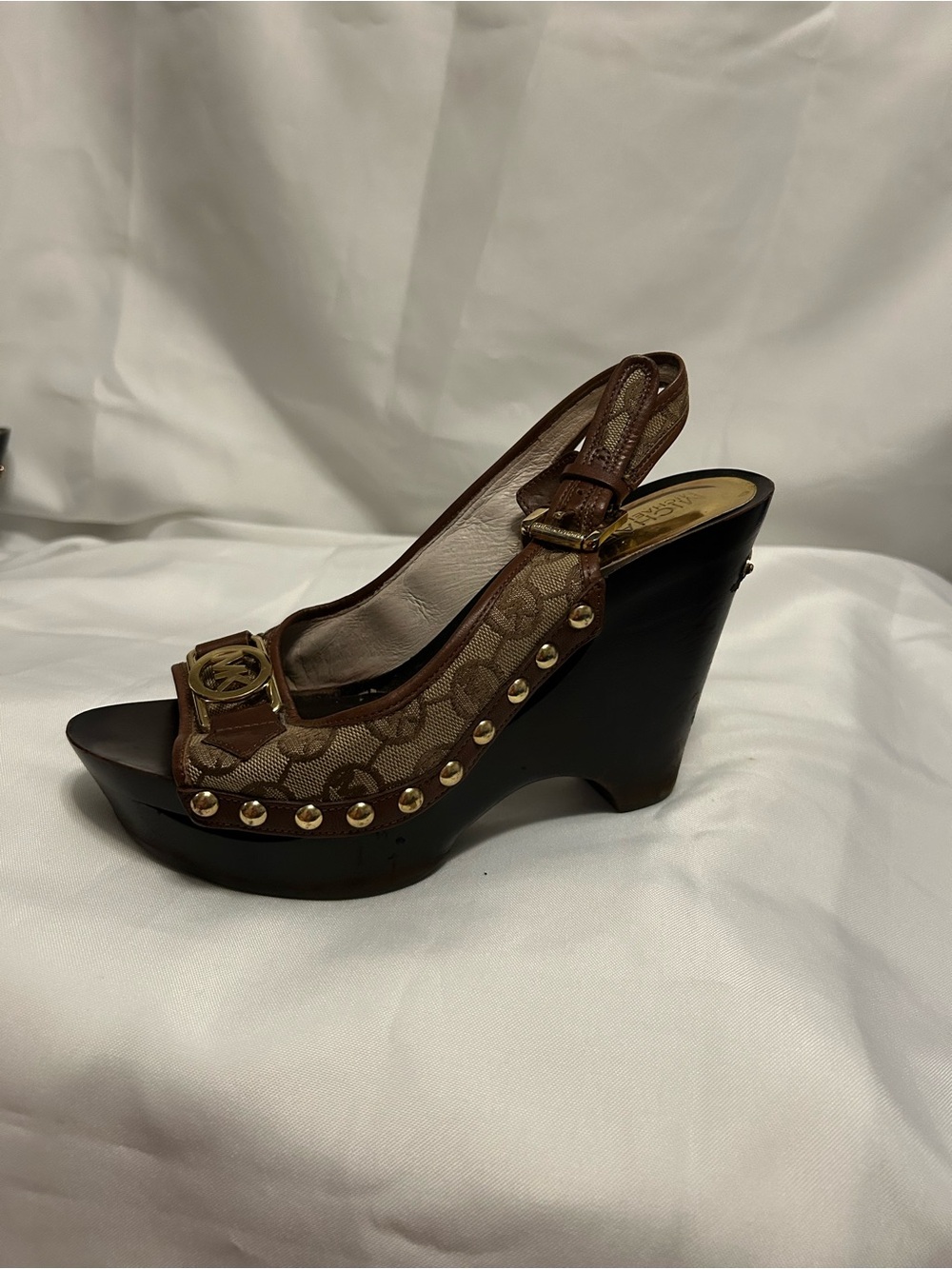 Michael Kors Brown Logo Platform Wedge Sandal with Gold Accents